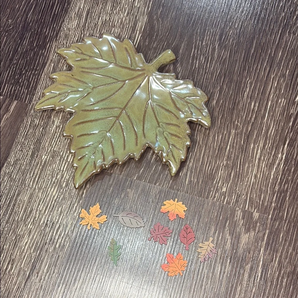 Fall Decor glass leaf plate with small wooden leaf cutouts